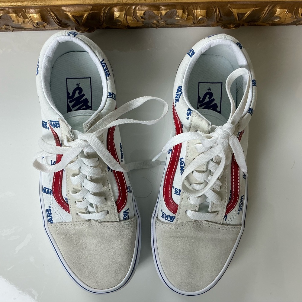 Vans Old Skool Print White, Blue, & Red Skate Shoes Women’s 7